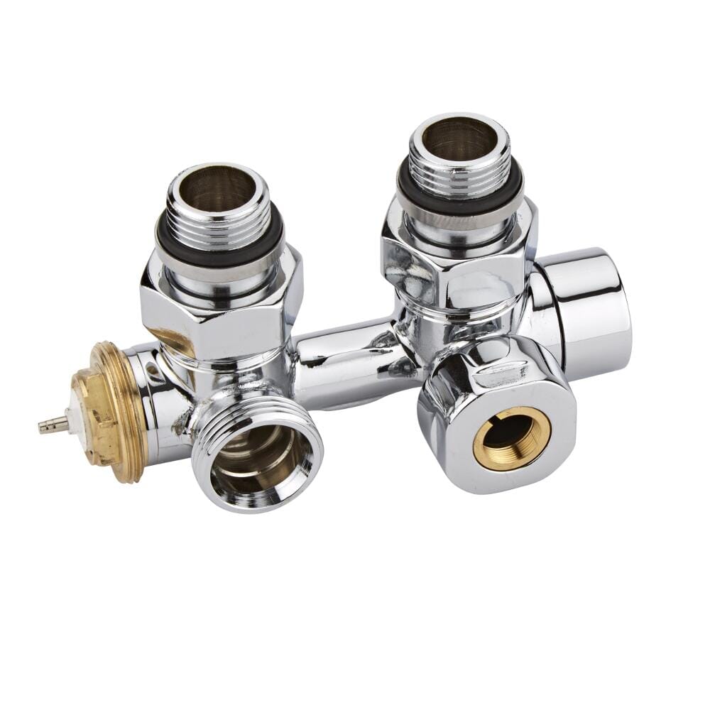 Valvole Termostatiche a Squadra per Radiatori e Scaldasalviette con Attacco Centrale Complete di Adattatori per Tubi in Rame 12mm - Multiblock H