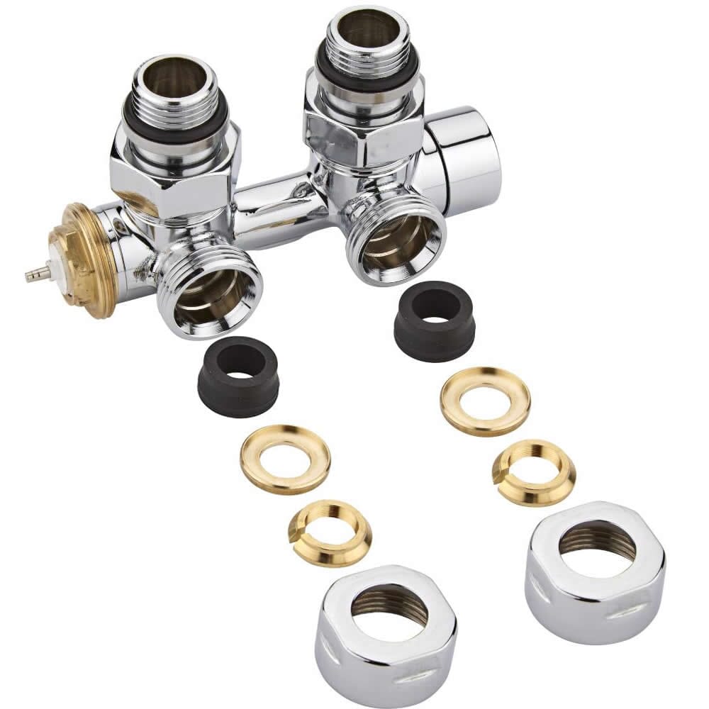 Valvole Termostatiche a Squadra per Radiatori e Scaldasalviette con Attacco Centrale Complete di Adattatori per Tubi in Rame 12mm - Multiblock H