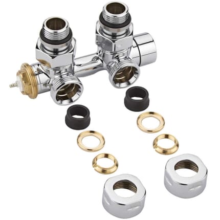 Paio di Valvole Termostatiche a Squadra Multiblock H con Adattatore per Radiatori e Scaldasalviette con Interasse Centrale - Rame 14mm