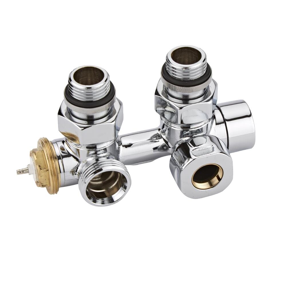 Paio di Valvole Termostatiche a Squadra Multiblock H con Adattatore per Radiatori e Scaldasalviette con Attacco Centrale - Rame 15mm
