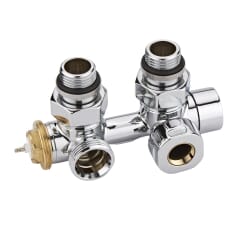 Paio di Valvole Termostatiche a Squadra Multiblock H con Adattatore per Radiatori e Scaldasalviette con Attacco Centrale - Rame 15mm