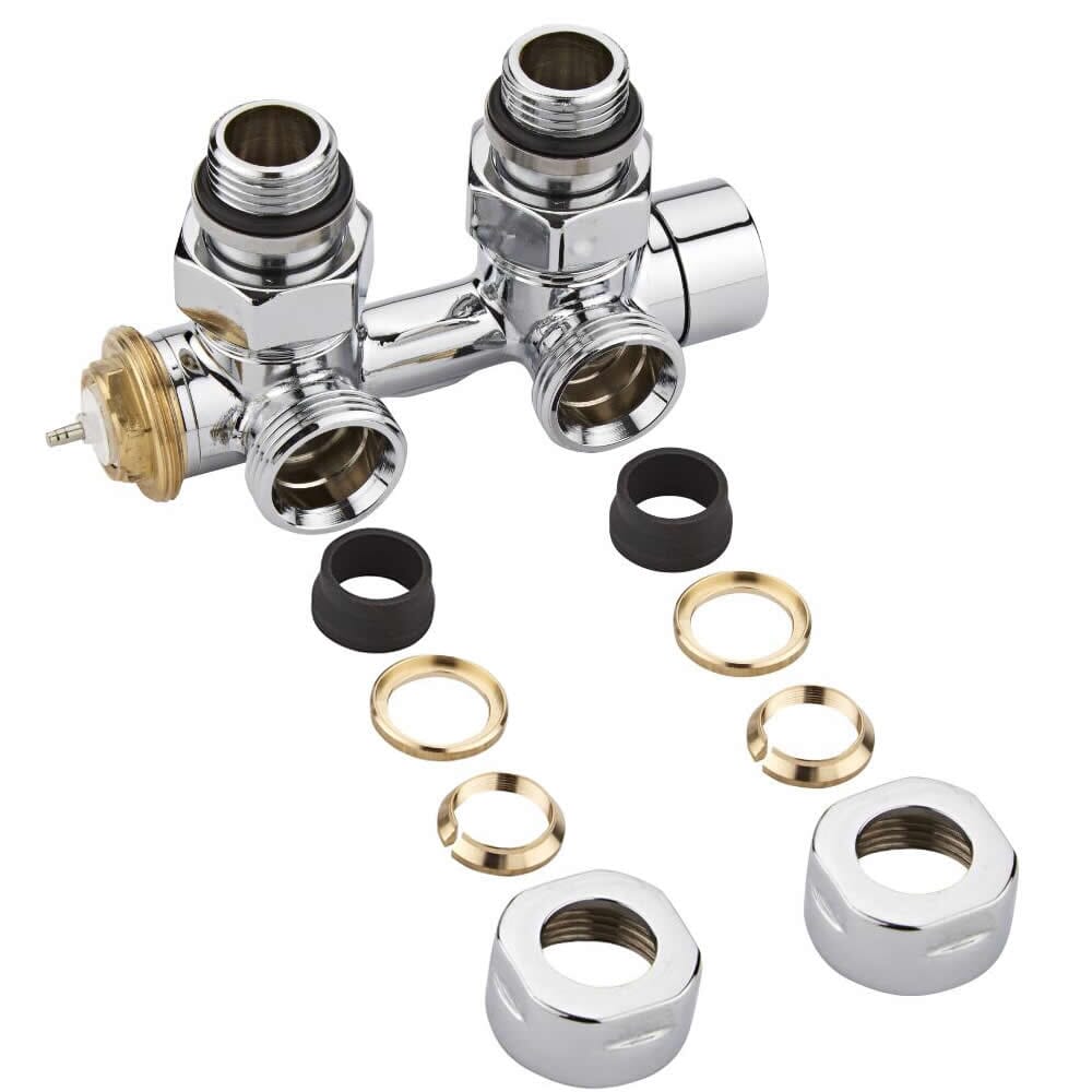 Paio di Valvole Termostatiche a Squadra Multiblock H con Adattatore per Radiatori e Scaldasalviette con Attacco Centrale - Rame 15mm