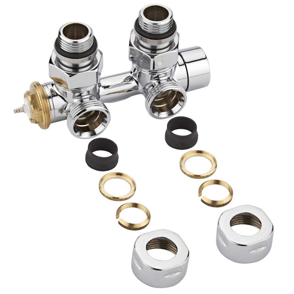 Paio di Valvole Termostatiche a Squadra per Attacco Centrale con Adattatore per Radiatori e Scaldasalviette per Tubi in Rame 16mm - Multiblock H