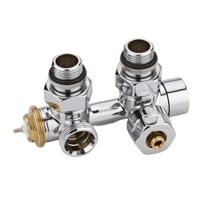 Valvole Termostatiche a Squadra per Radiatore e Scaldasalviette con Attacco Centrale Complete di Adattatori per Tubi Multistrato 14mm - Multiblock H