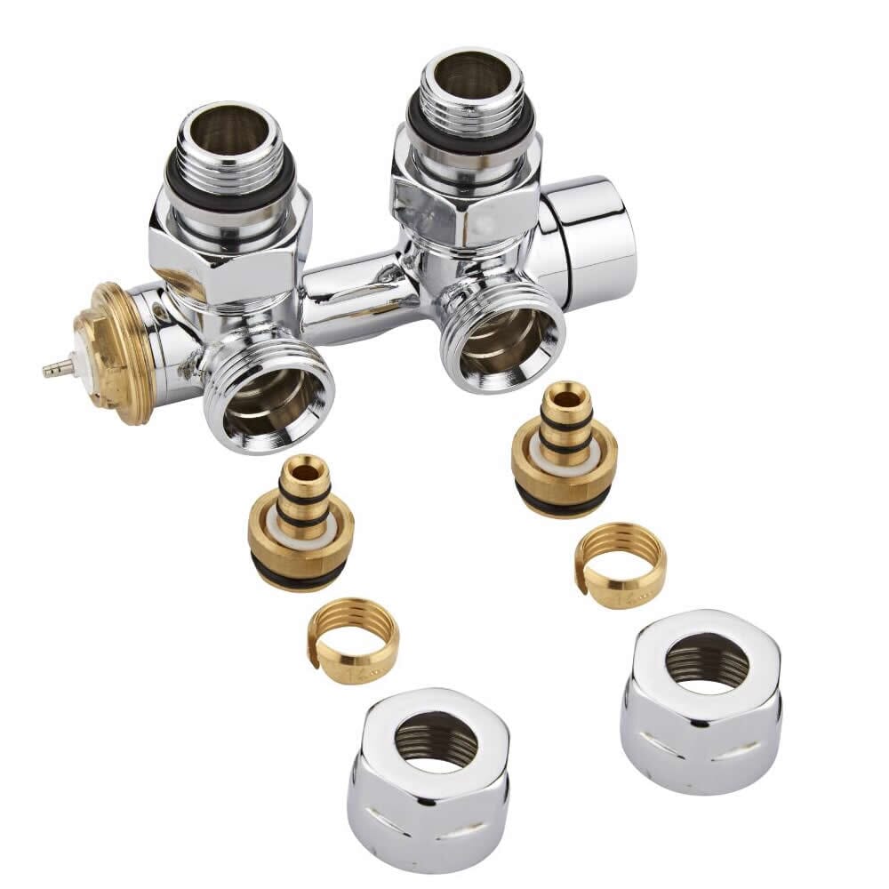 Valvole Termostatiche a Squadra per Radiatore e Scaldasalviette con Attacco Centrale Complete di Adattatori per Tubi Multistrato 14mm - Multiblock H