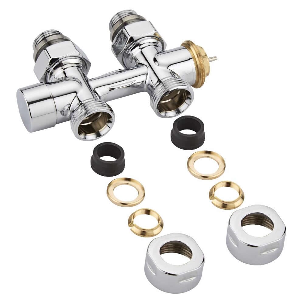 Paio di Valvole Termostatiche Diritte per Radiatori e Scaldasalviette con Attacco Centrale Multiblock H con Adattatore - Rame 14mm
