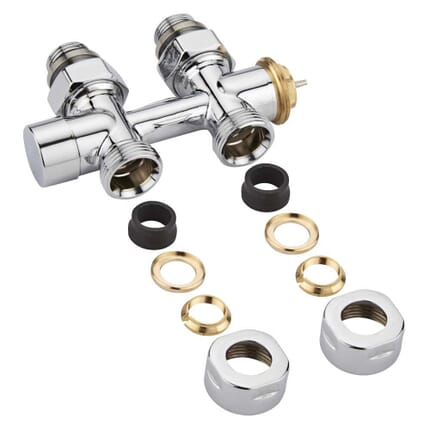 Paio di Valvole Termostatiche Diritte per Radiatori e Scaldasalviette con Attacco Centrale Multiblock H con Adattatore - Rame 14mm