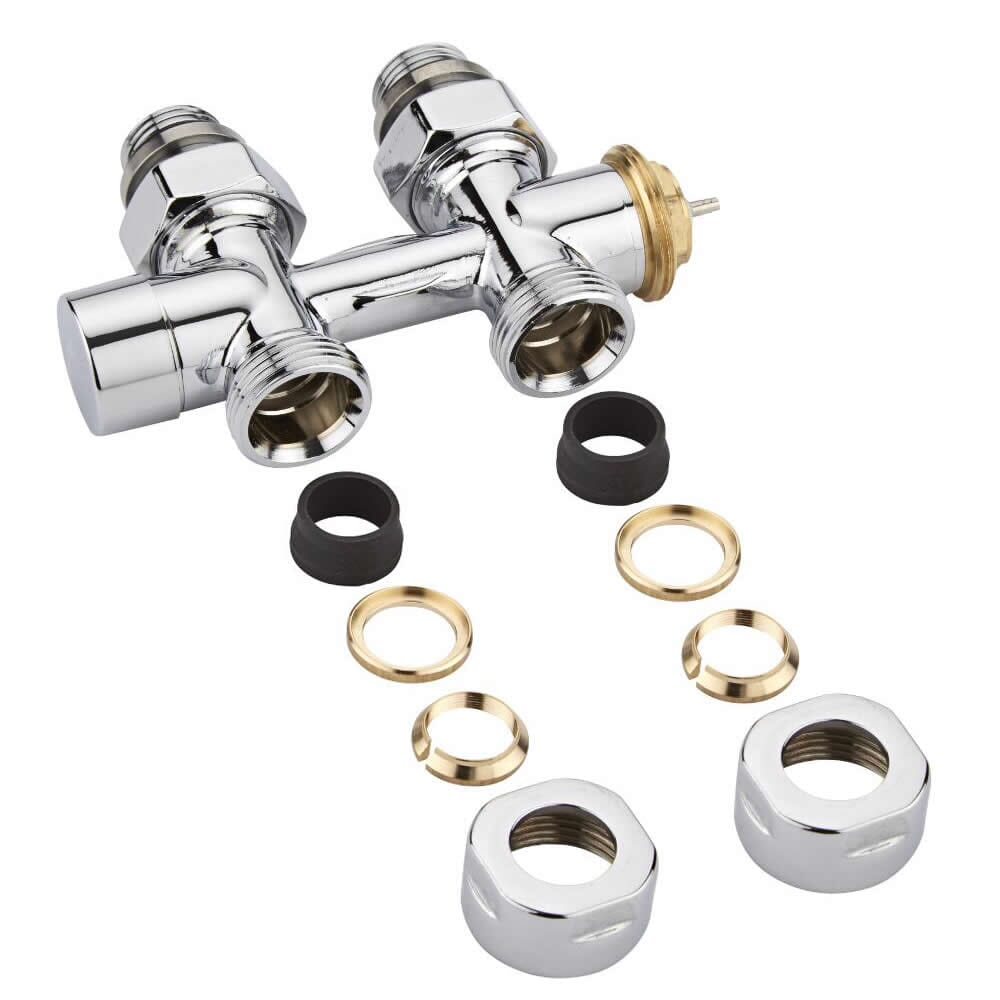 Paio di Valvole Termostatiche Diritte per Attacco Centrale Multiblock H con Adattatore per Radiatori e Scaldasalviette - Rame 15mm