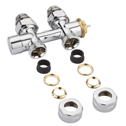 Paio di Valvole Termostatiche Diritte per Attacco Centrale Multiblock H con Adattatore per Radiatori e Scaldasalviette - Rame 15mm