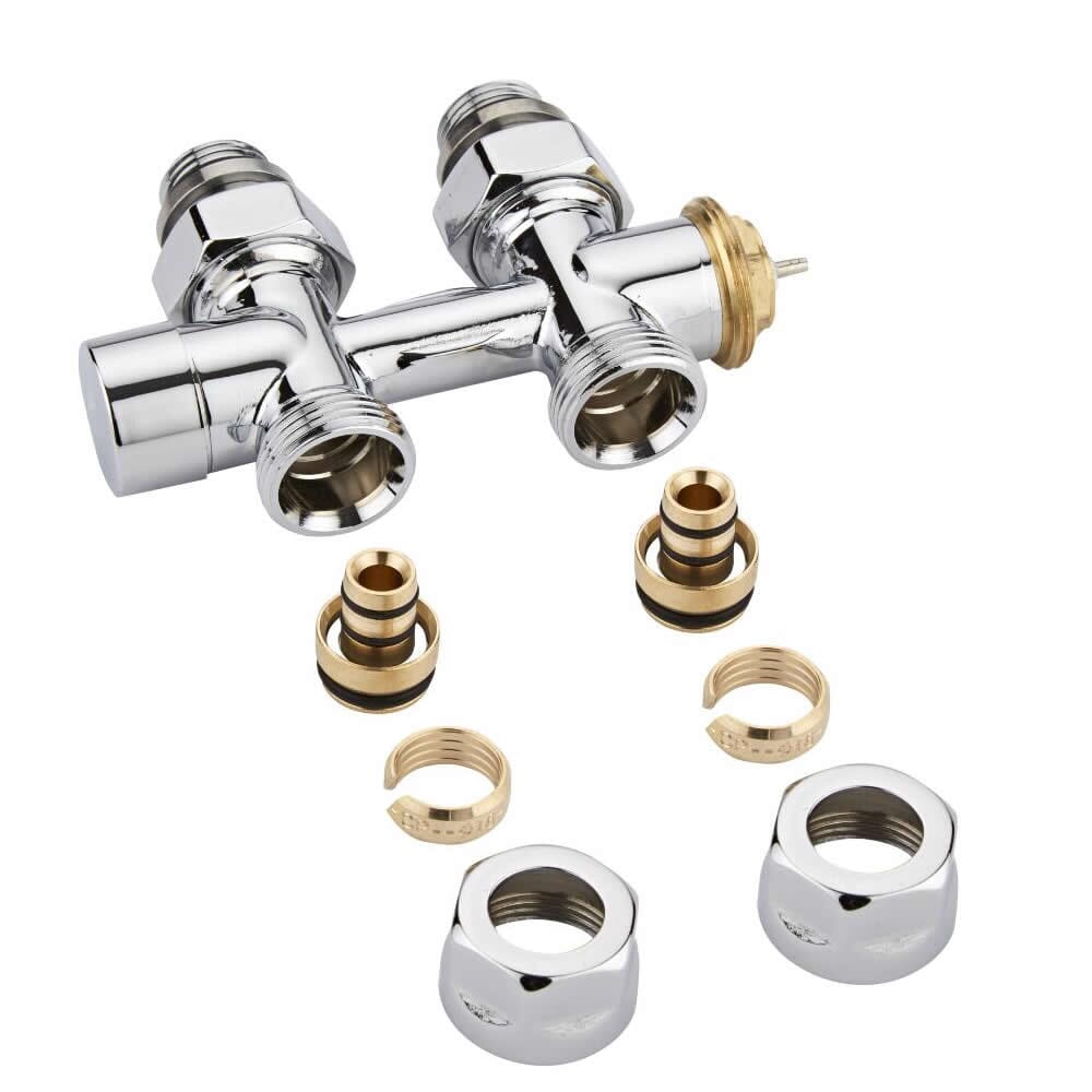 Paio di Valvole Termostatiche Diritte per Attacco Centrale Multiblock H con Adattatore per Radiatori e Scaldasalviette - Multistrato 16mm