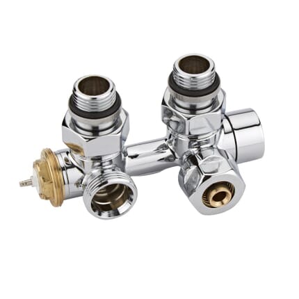 Paio di Valvole Termostatiche a Squadra Multiblock H con Adattatori per Radiatori e Scaldasalviette con Attacco Centrale - Multistrato 16mm