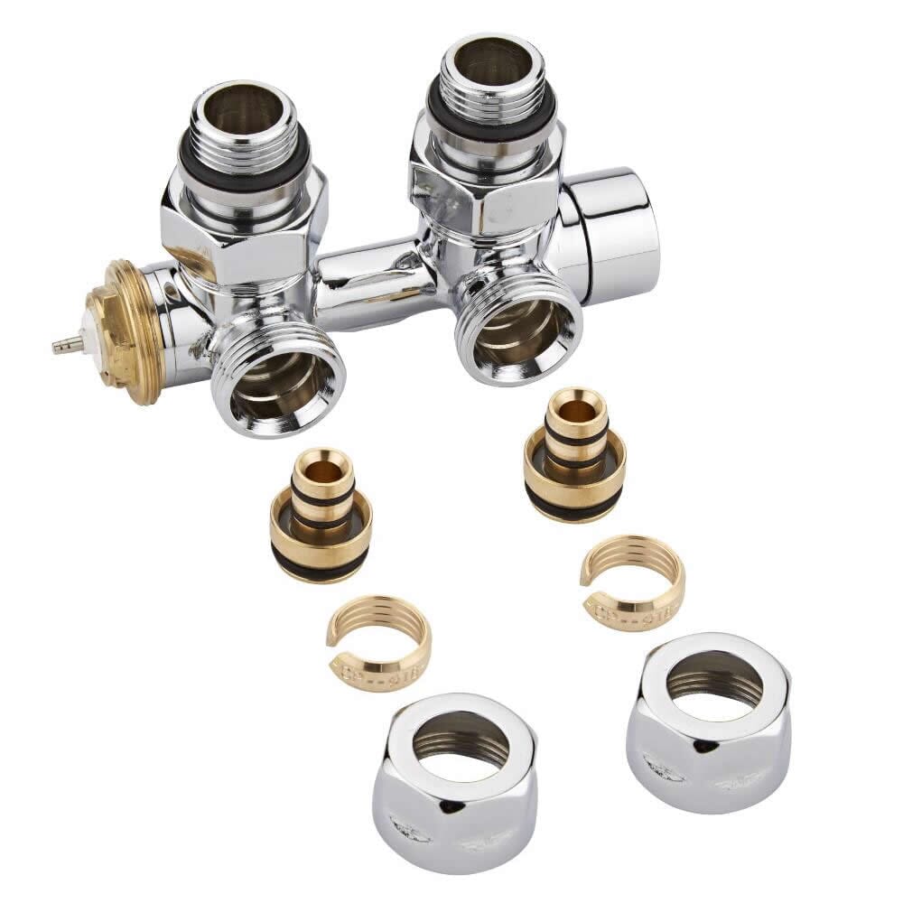 Paio di Valvole Termostatiche a Squadra Multiblock H con Adattatori per Radiatori e Scaldasalviette con Attacco Centrale - Multistrato 16mm