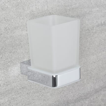 Bicchiere Porta Spazzolino in Vetro Trasparente e Porta Bicchiere Murale Cromato Minimal