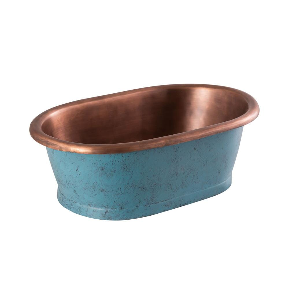 Lavabo da Appoggio in Rame in Stile Retrò -  530mm x 345mm x 180mm (Senza Fori per il Rubinetto) - Rame con Esterno Blu con Patina