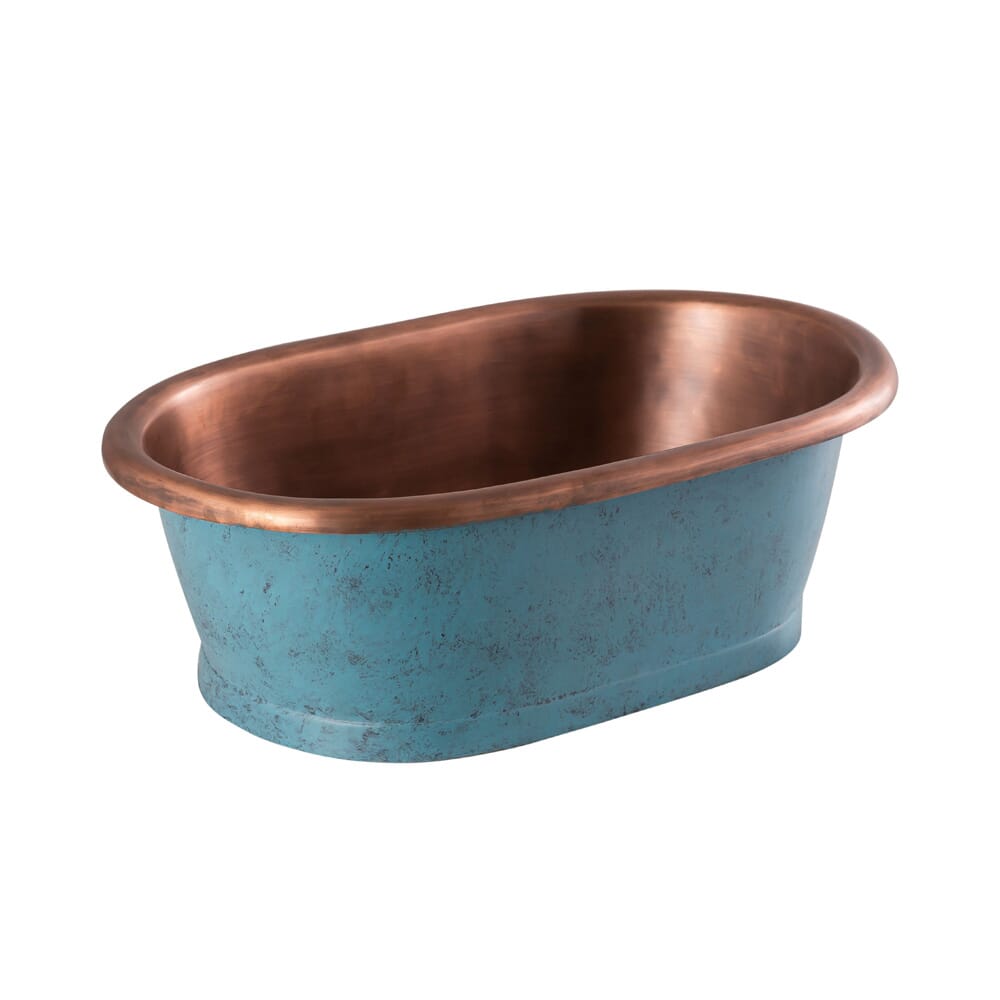 Lavabo da Appoggio in Rame in Stile Retrò -  530mm x 345mm x 180mm (Senza Fori per il Rubinetto) - Rame con Esterno Blu con Patina