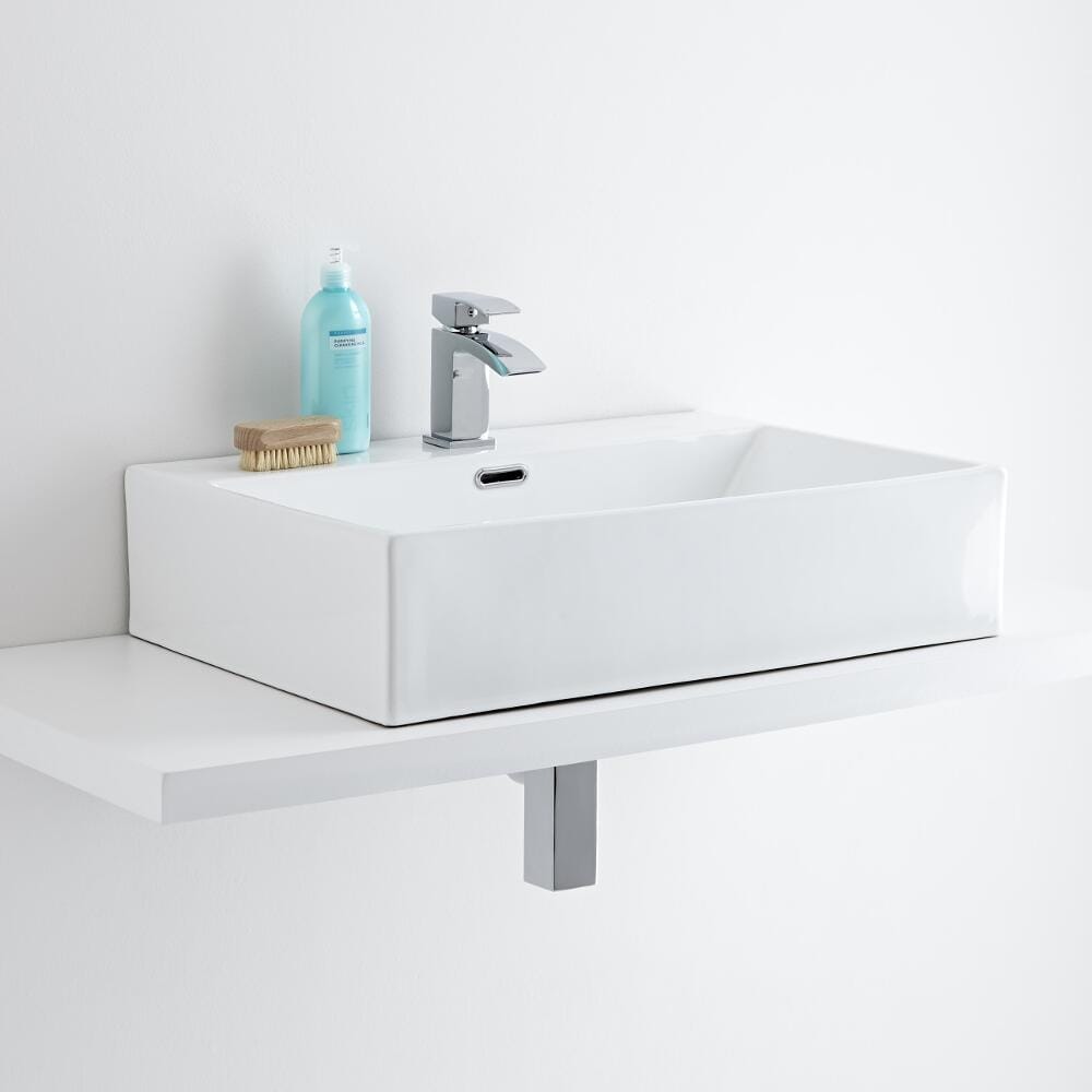 Lavabo Bagno da Appoggio Rettangolare in Ceramica 605x430mm con Mini Rubinetto Miscelatore