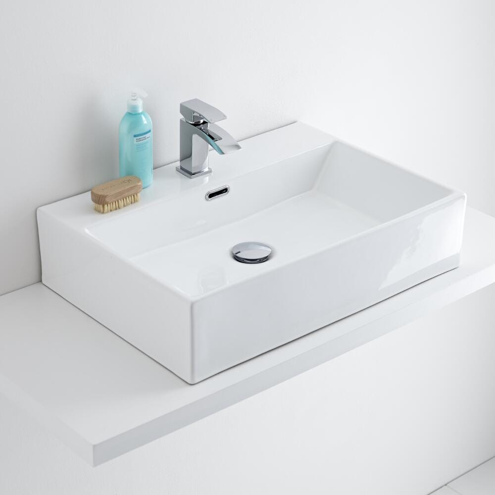 Lavabo Bagno da Appoggio Rettangolare in Ceramica 605x430mm con Mini Rubinetto Miscelatore