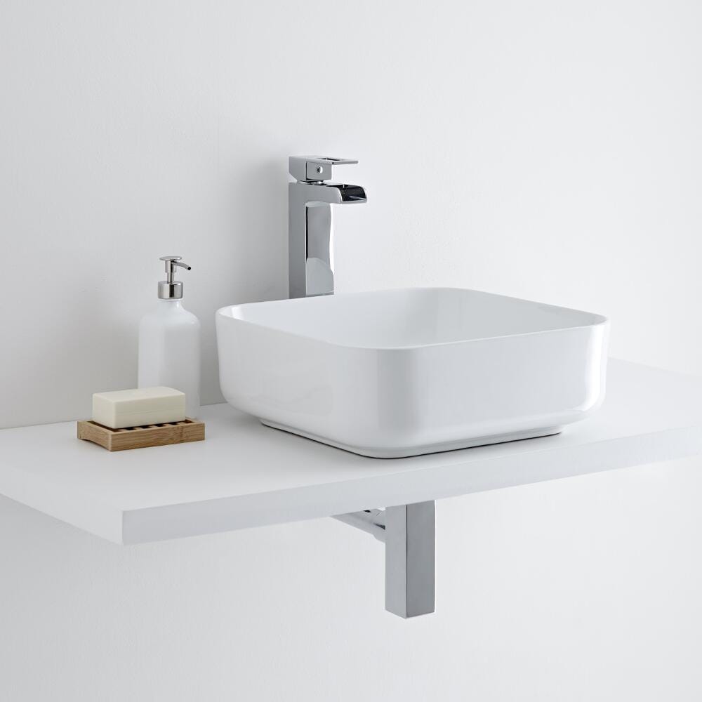 Lavabo Bagno da Appoggio Quadrato in Ceramica 400mm x 400mm con Rubinetto Monoforo - Milton