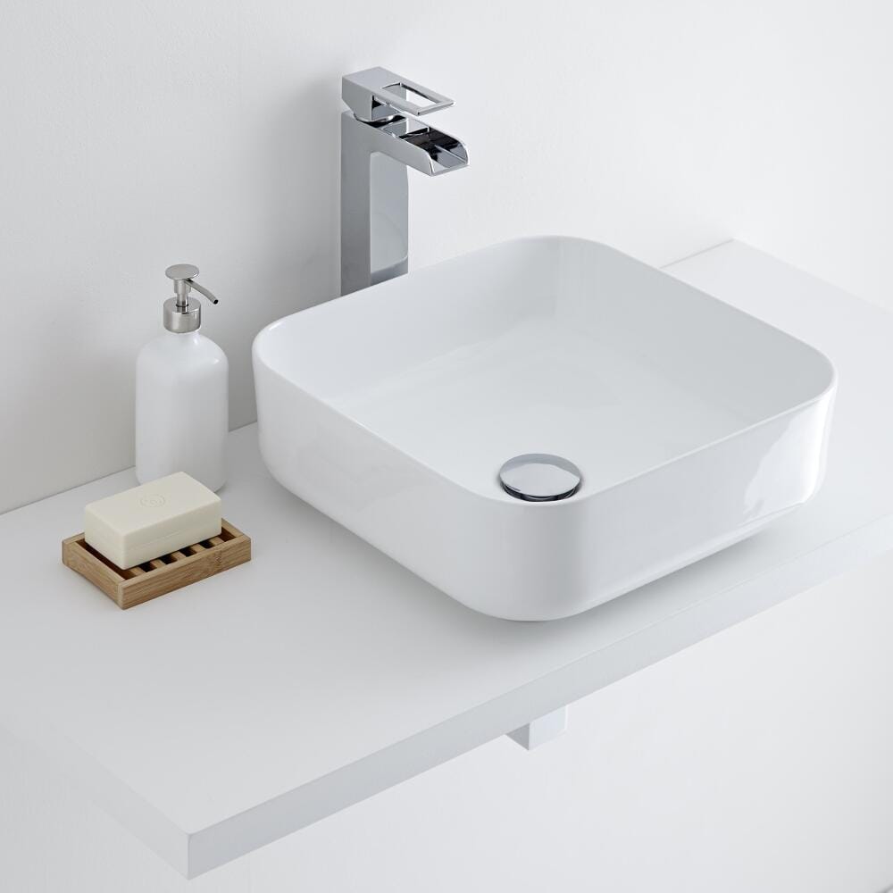 Lavabo Bagno da Appoggio Quadrato in Ceramica 400mm x 400mm con Rubinetto Monoforo - Milton