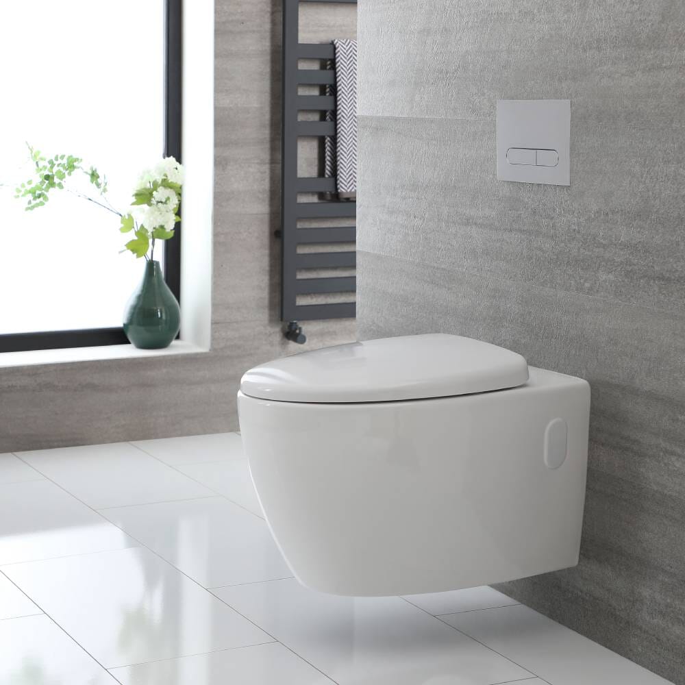 Sanitario Bagno WC Ovale Sospeso Rimless 340x380x570mm con Sedile Copri WC Soft Close  - Kenton