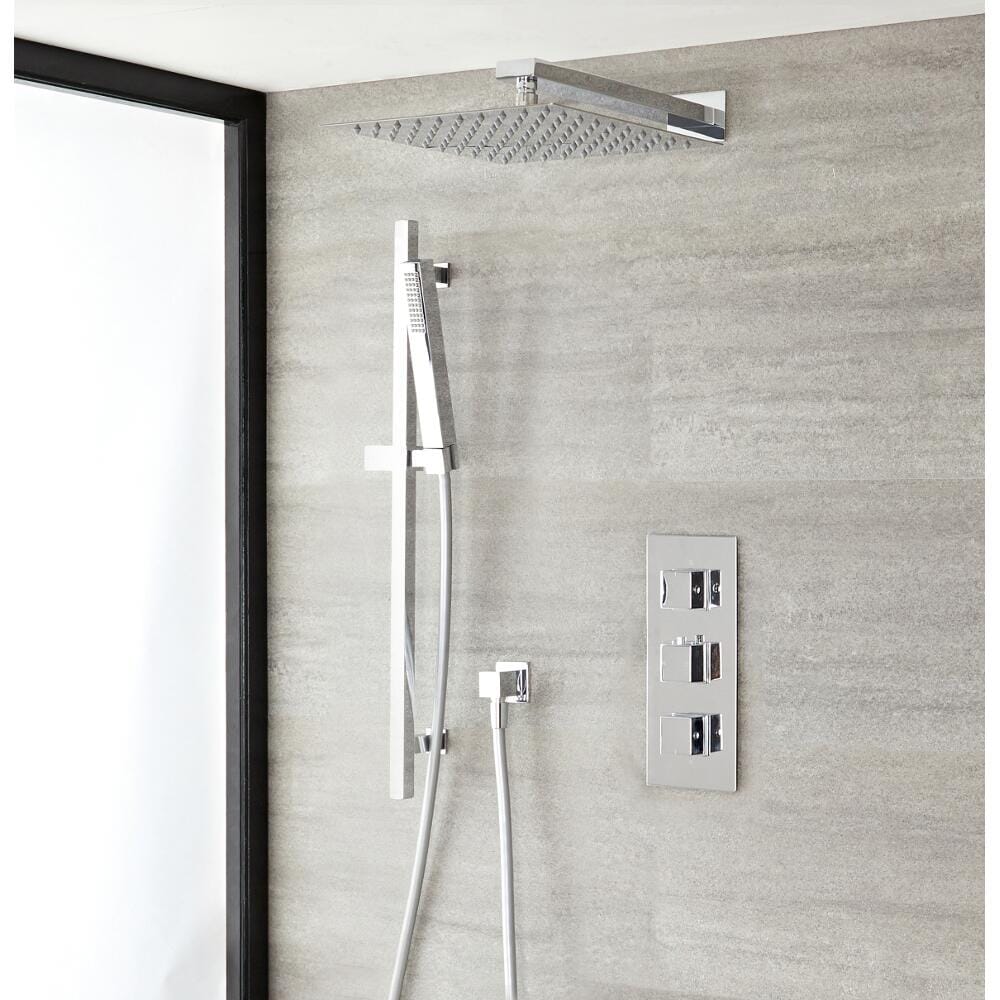 Sistema Doccia con Miscelatore Termostatico, Soffione da 300mm e Asta Saliscendi con Doccetta (2 Vie) - Cromato -  Kubix