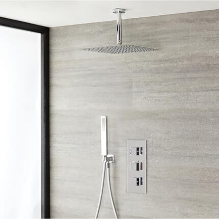 Sistema Doccia con Miscelatore Termostatico, Soffione a Soffitto e Doccetta (2 Vie) - Cromato -  Kubix