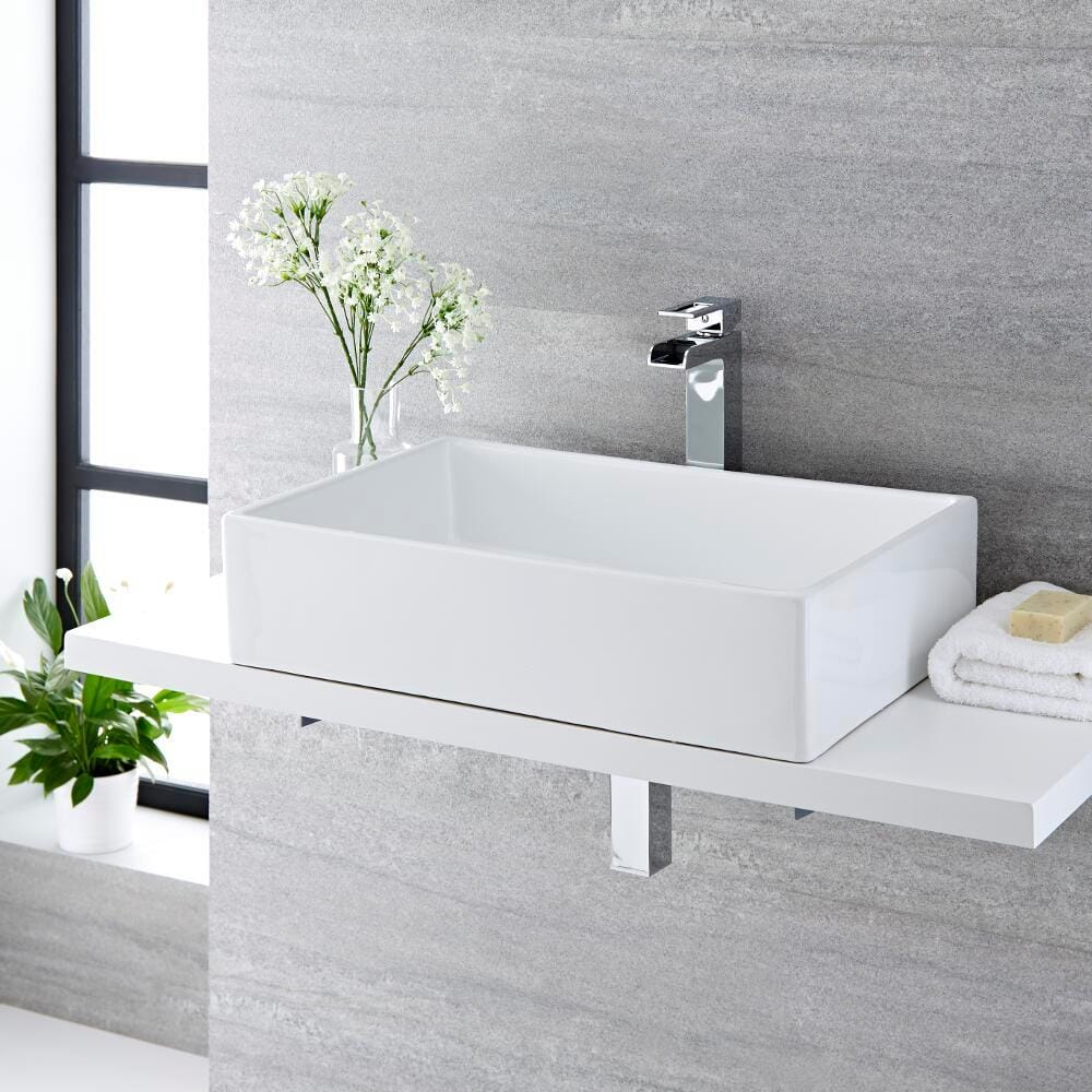 Lavabo da Appoggio Rettangolare Moderno - Bianco - 600 mm x 390 mm (senza Fori per Rubinetteria) - Haldon