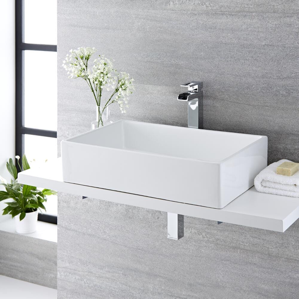 Lavabo Bagno da Appoggio Rettangolare in Ceramica 610x400mm con Rubinetto Monoforo - Haldon