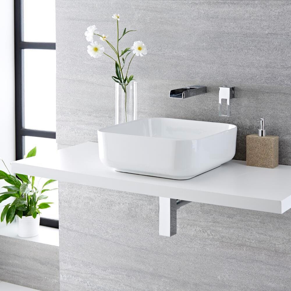Lavabo da Appoggio Quadrato Moderno - Bianco - 400 mm x 400 mm (senza Fori per Rubinetteria) - Milton