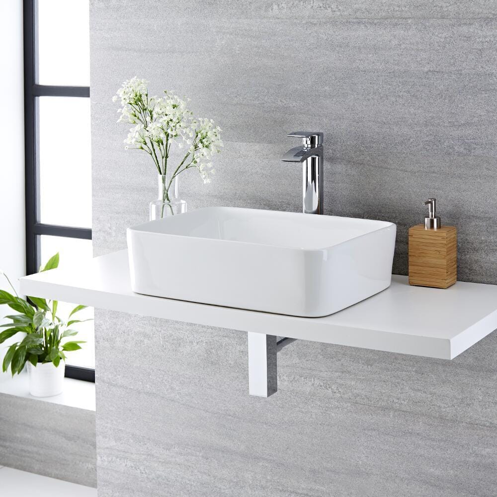 Lavabo Bagno da Appoggio Rettangolare in Ceramica  480x370mm con Rubinetto Miscelatore Alto - Alswear