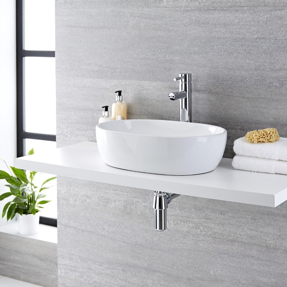 Lavabo Bagno da Appoggio in ceramica Ovale 480x350mm con Rubinetto Miscelatore Alto - Otterton