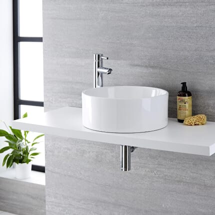 Lavabo Bagno da Appoggio Tondo in Ceramica  400x400mm con Rubinetto Miscelatore - Covelly