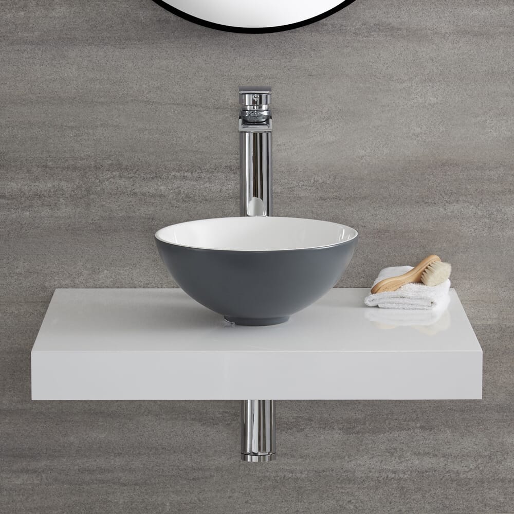 Lavabo da Appoggio Rotondo Moderno - Grigio Pietra - 280 mm x 280 mm (senza Fori per Rubinetteria) - Witton