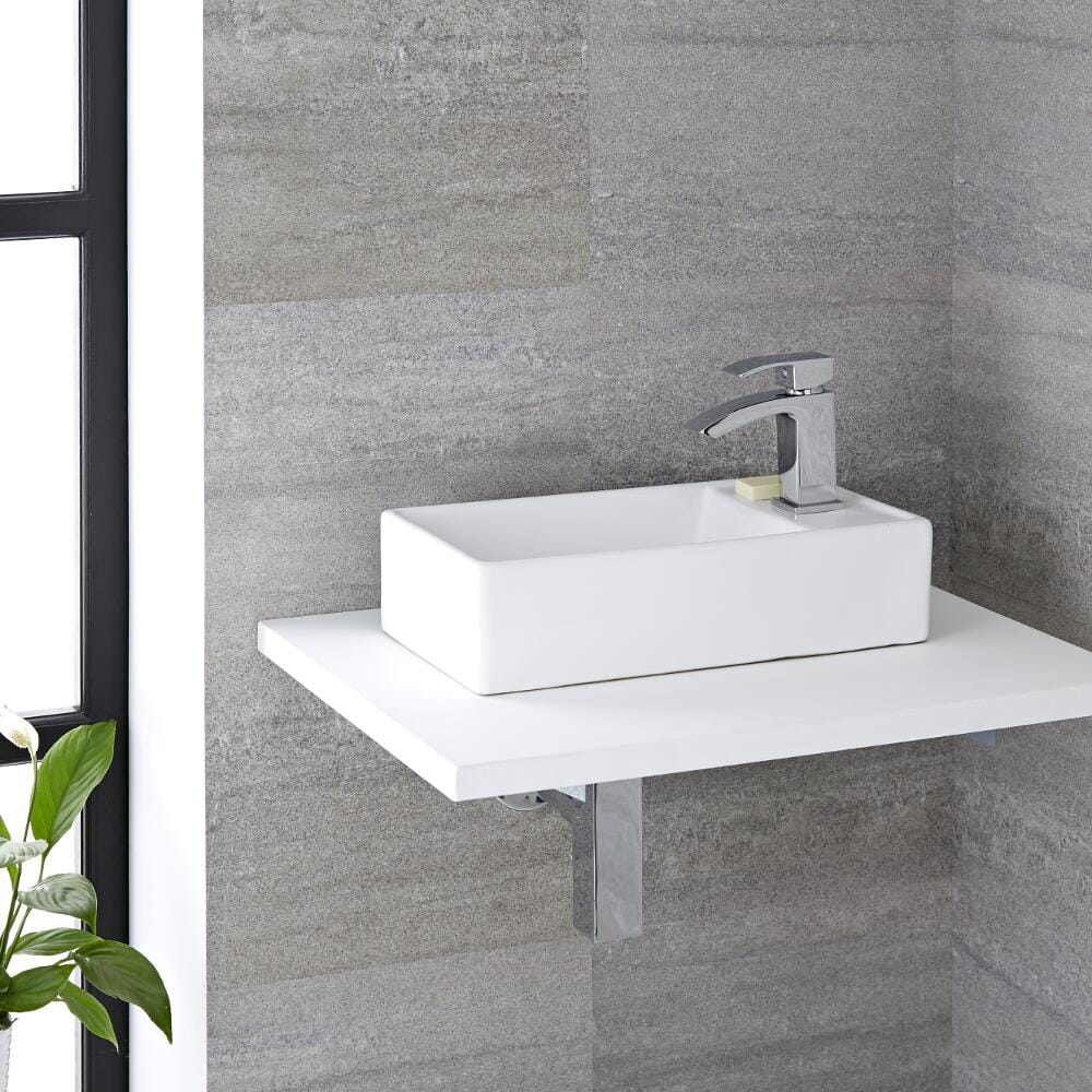 Lavabo Bagno da Appoggio Sospeso in Ceramica Rettangolare 400x220mm Con Mini Rubinetto Miscelatore – Halwell