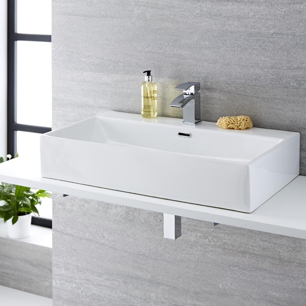 Lavabo Bagno da Appoggio Sospeso in Ceramica Rettangolare 750x420mm Con Mini Rubinetto Miscelatore - Sandford