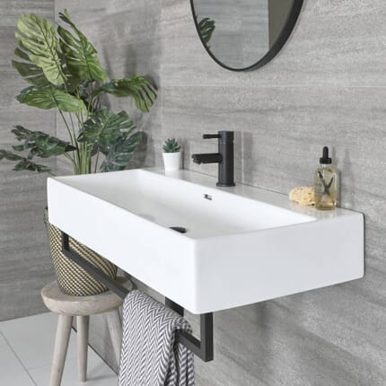 Lavabo Sospeso Bianco Rettangolare con Porta Salviette Nero 750mm x 420mm - Sandford