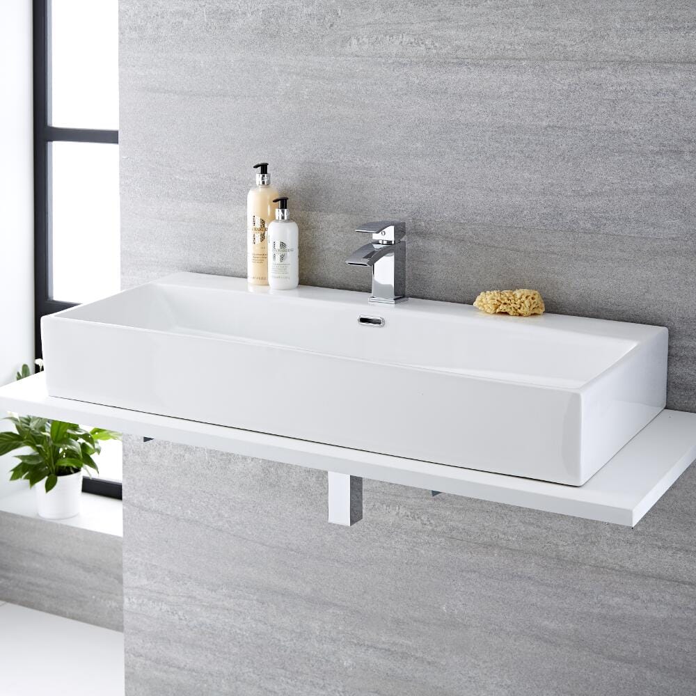 Lavabo Bagno da Appoggio Sospeso Rettangolare in Ceramica 1000x420mm con Mini Rubinetto Miscelatore Lavabo - Sandford