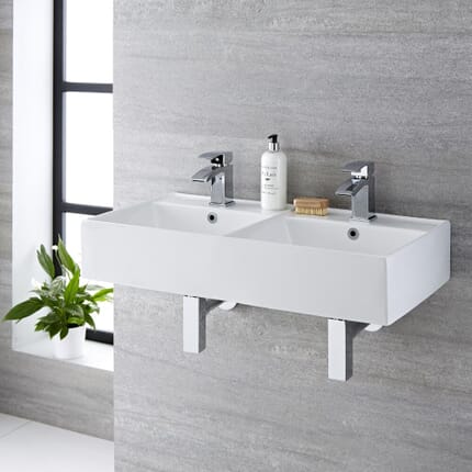 Lavabo Bagno Sospeso Rettangolare Doppio in Ceramica 820x420mm - Halwell