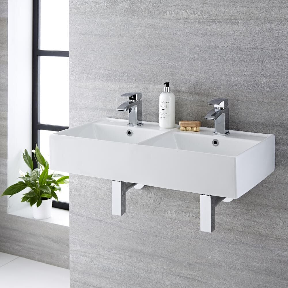 Lavabo Bagno da Appoggio Rettangolare Doppio in Ceramica 820x420mm - Halwell