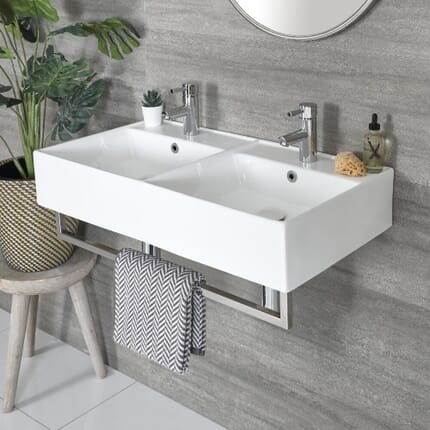 Lavabo Doppio Sospeso Bianco Rettangolare con Porta Salviette Cromato 820mm x 420mm - Sandford