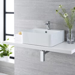 Lavabo Bagno da Appoggio Sospeso in Ceramica Rettangolare 460x420mm con Rubinetto Miscelatore - Exton