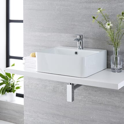 Lavabo Bagno da Appoggio Sospeso in Ceramica Rettangolare 460x420mm con Rubinetto Miscelatore - Exton