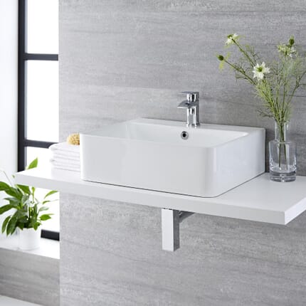 Lavabo Bagno da Appoggio Sospeso in Ceramica Rettangolare 520x420mm con Rubinetto Miscelatore - Exton