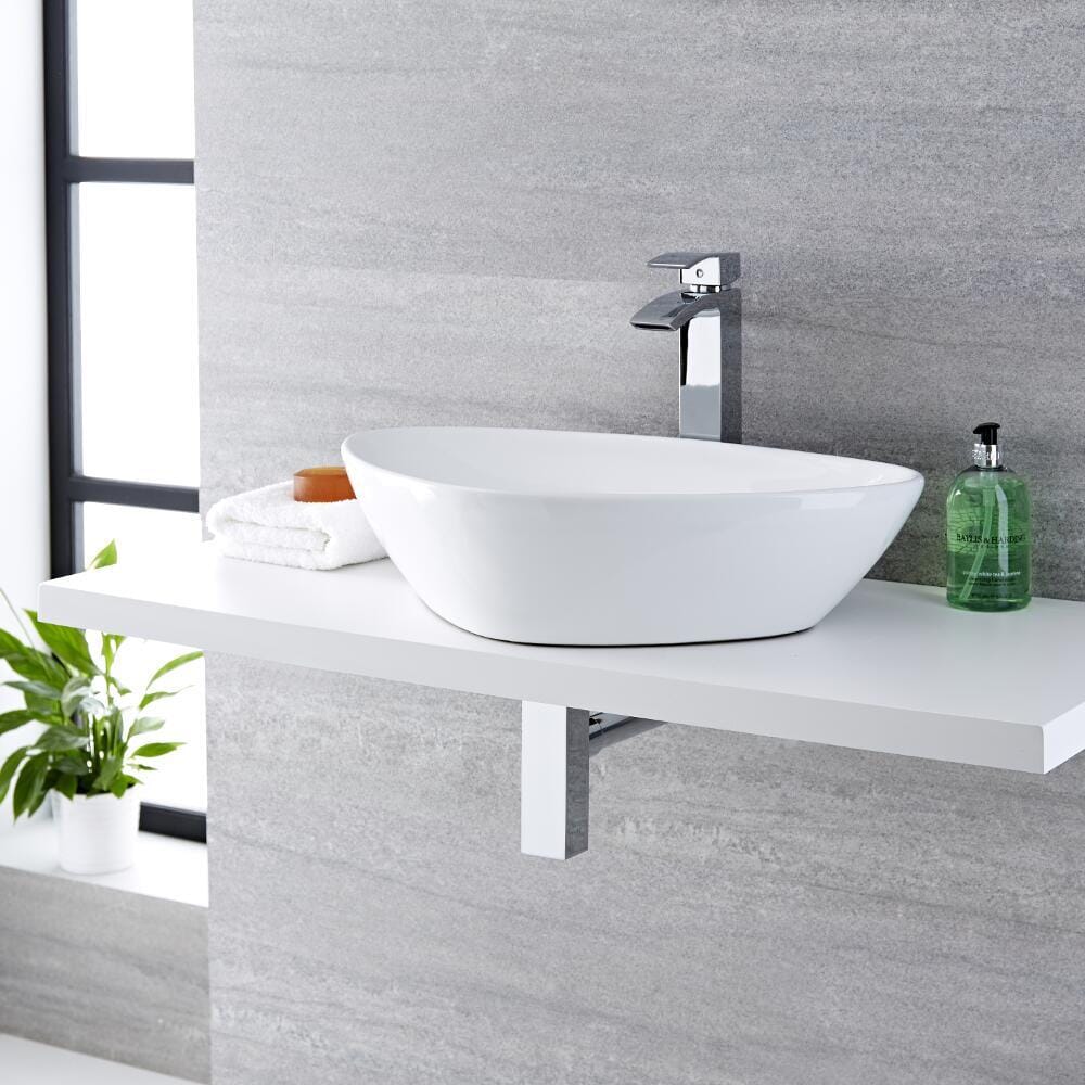 Lavabo da Appoggio Moderno - Bianco - con Miscelatore Alto - 590 mm x 390 mm - Razor