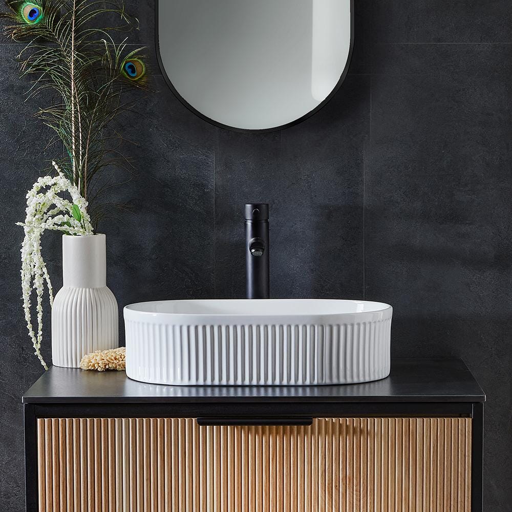 Lavabo da Appoggio Ovale Scanalato Bianco - 490 mm x 310 mm (senza Fori per il Rubinetto) - Florence