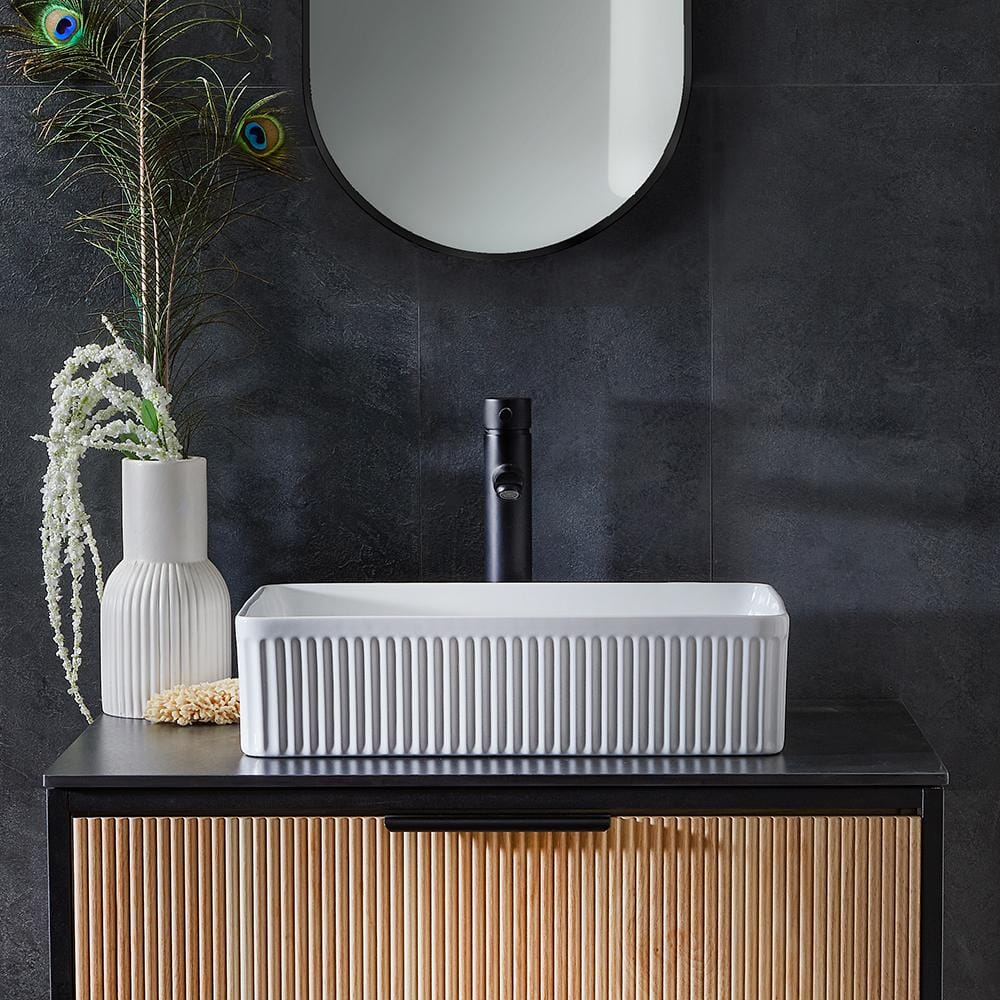 Lavabo da Appoggio Rettangolare Scanalato Bianco - 500 mm x 340 mm (senza Fori per il Rubinetto) - Florence