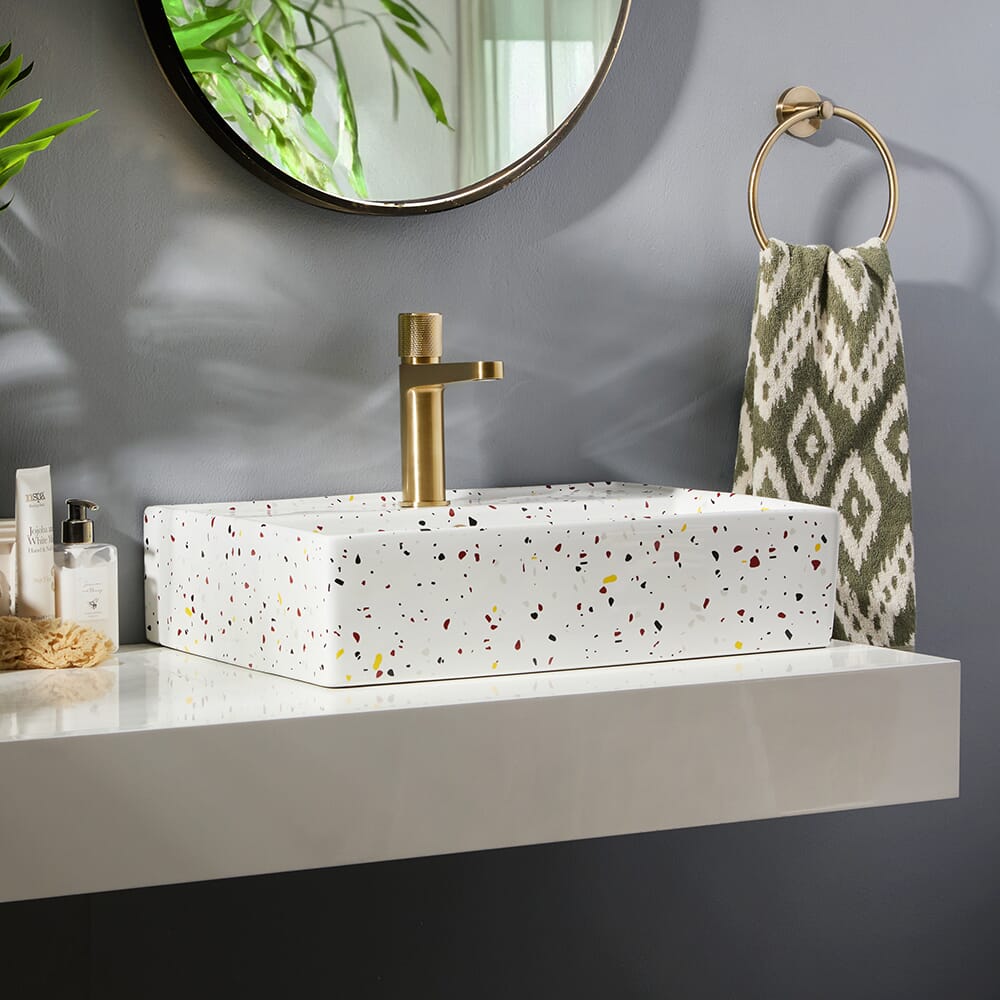 Lavabo Rettangolare da Appoggio Effetto Terrazzo - 500mm x 350mm (1 foro per la Rubinetteria) - Sandford