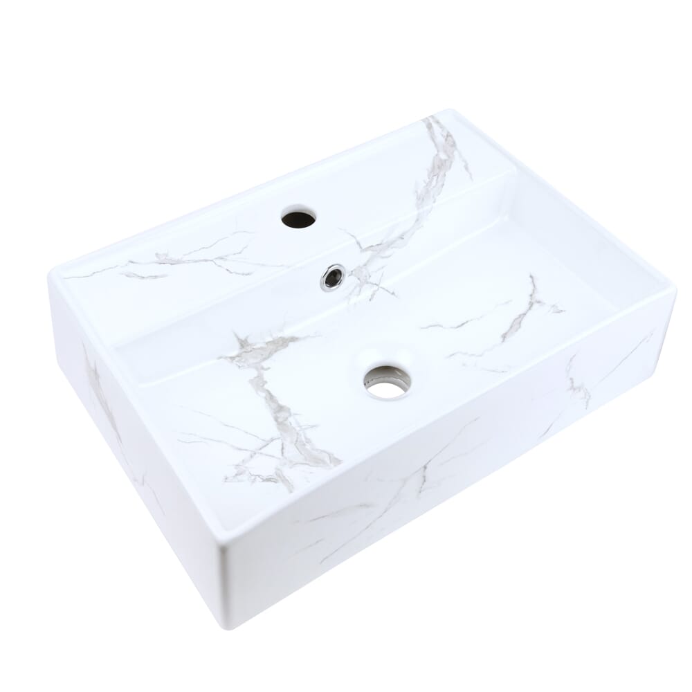 Lavabo Sospeso O Da Appoggio BS6049 In Marmo Fuso – 60x48x14 Cm, Bianco Lucido, Con Troppo Pieno E Pop-Up
