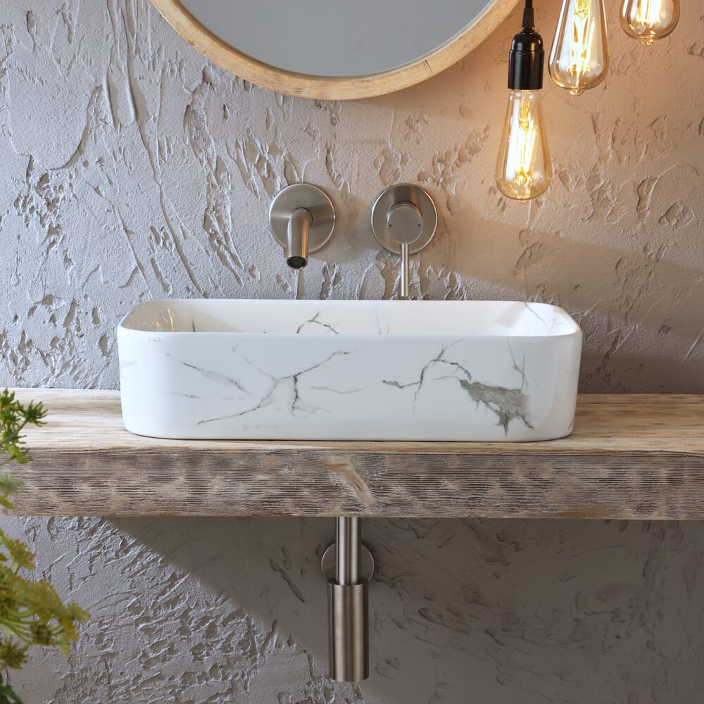 Lavabo d'Appoggio Rettangolare Effetto Marmo - 505mm x 370mm (Senza Fori per la Rubinetteria) - Alswear