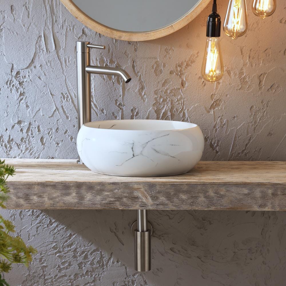 Lavabo d'Appoggio Rotondo Effetto Marmo - 360mm (Senza Fori per la Rubinetteria) - Alden